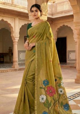 Golden Floral Print Cotton Saree Set