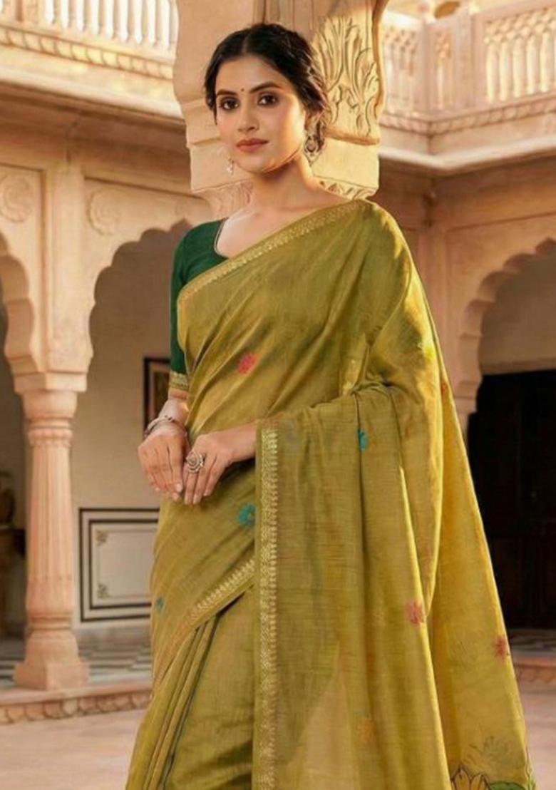 Golden Floral Print Cotton Saree Set - Indya