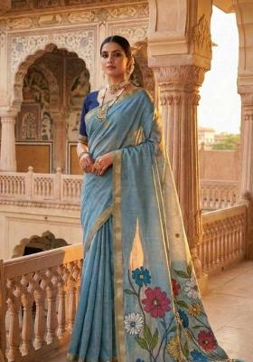 Sky Blue Floral Print Cotton Saree Set