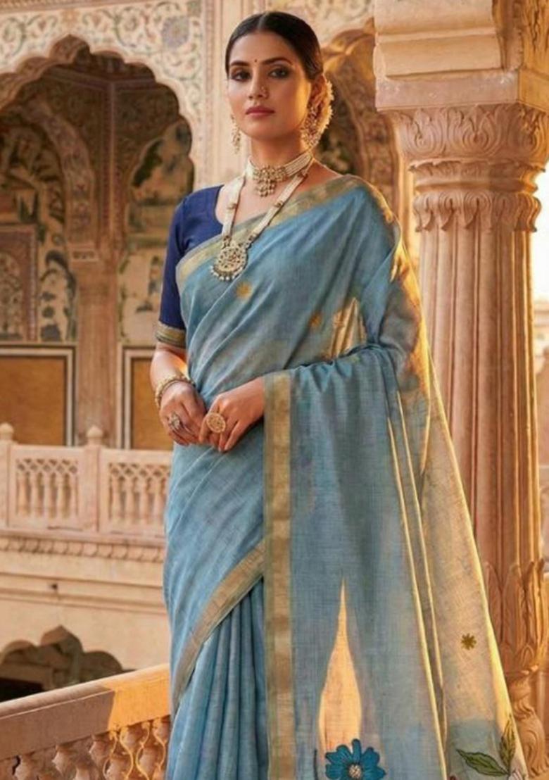 Sky Blue Floral Print Cotton Saree Set - Indya