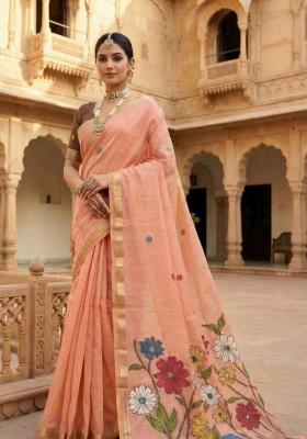 Peach Floral Print Cotton Saree Set