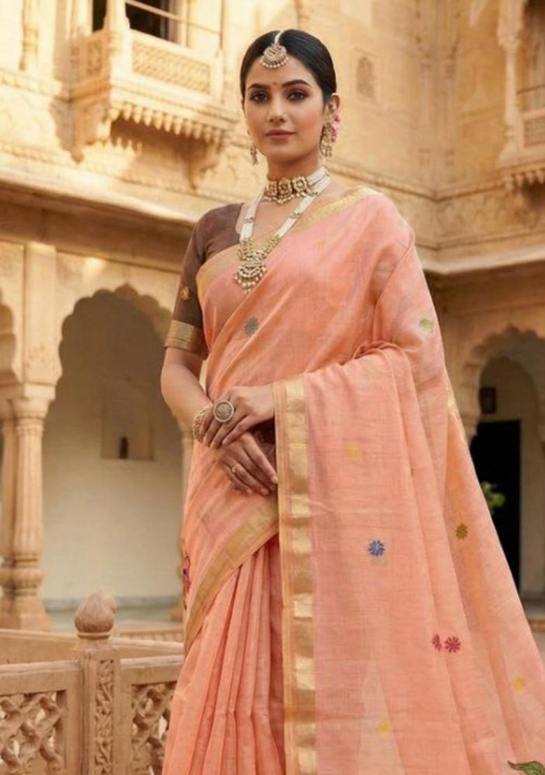 Peach Floral Print Cotton Saree Set - Indya