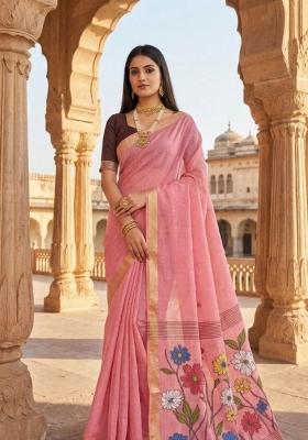 Baby Pink Floral Print Cotton Saree Set