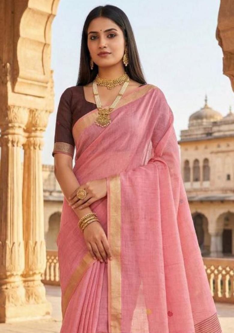 Baby Pink Floral Print Cotton Saree Set - Indya