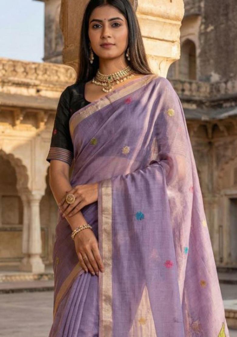 Lavender Floral Print Cotton Saree Set - Indya