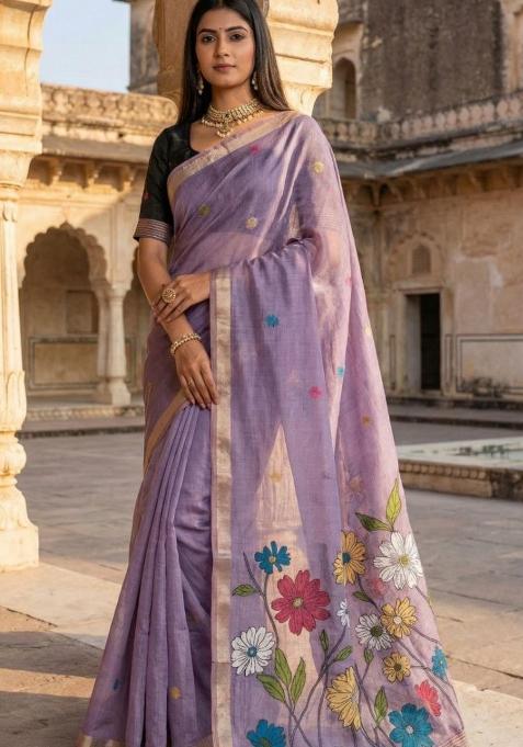 Lavender Floral Print Cotton Saree Set