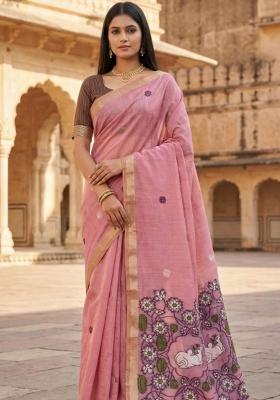 Baby Pink Floral Print Cotton Saree Set