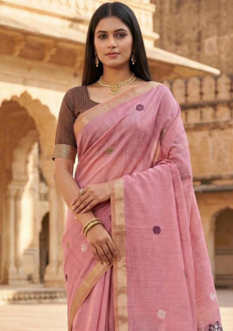 Baby Pink Floral Print Cotton Saree Set - Indya
