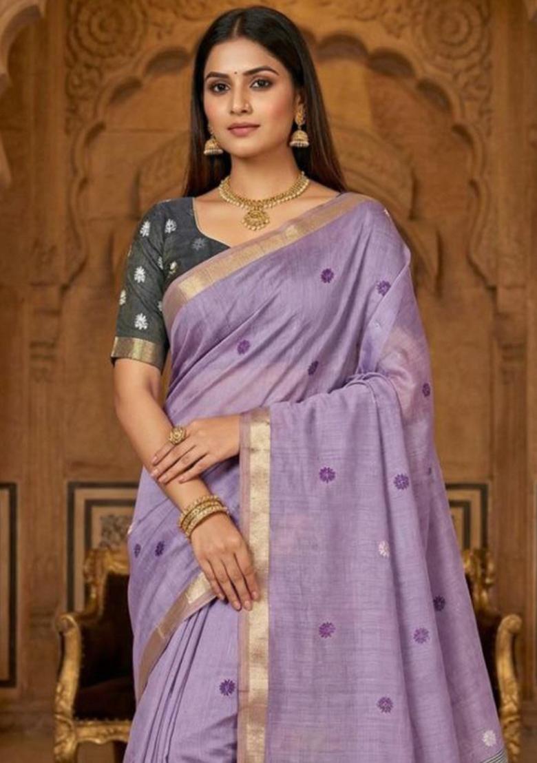 Lavender Floral Print Cotton Saree Set - Indya