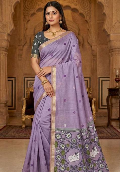 Lavender Floral Print Cotton Saree Set