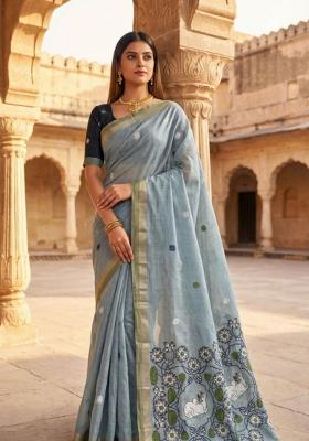 Sky Blue Floral Print Cotton Saree Set
