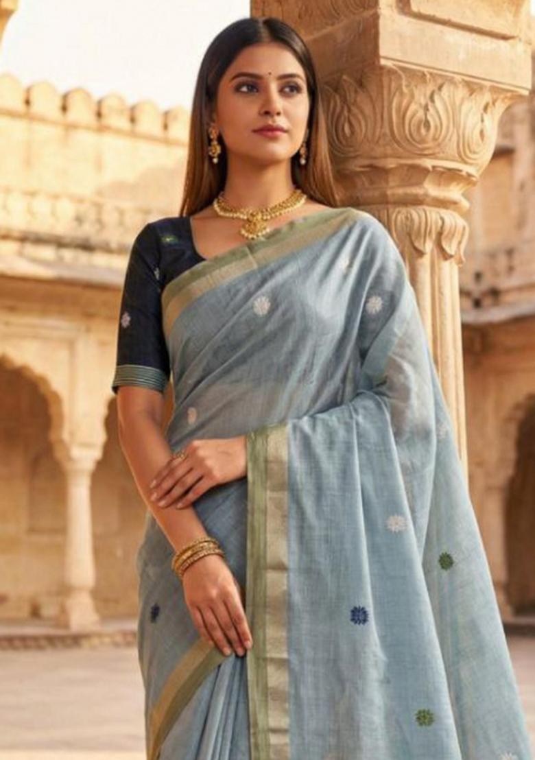 Sky Blue Floral Print Cotton Saree Set - Indya