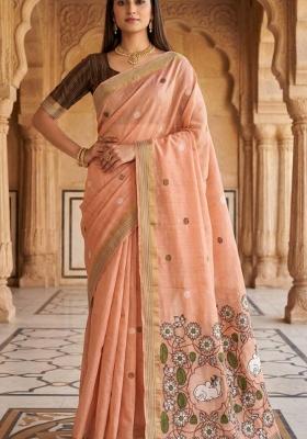Peach Floral Print Cotton Saree Set