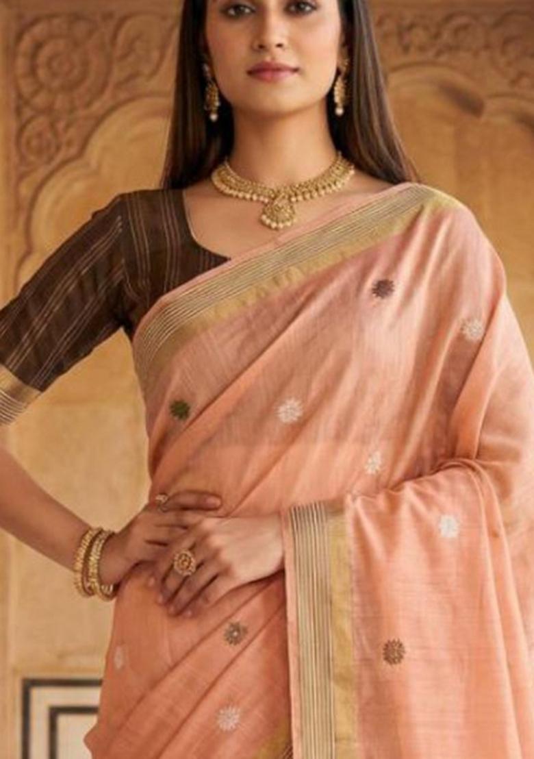 Peach Floral Print Cotton Saree Set - Indya