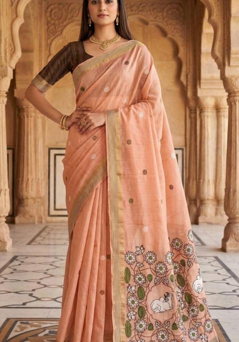 Peach Floral Print Cotton Saree Set