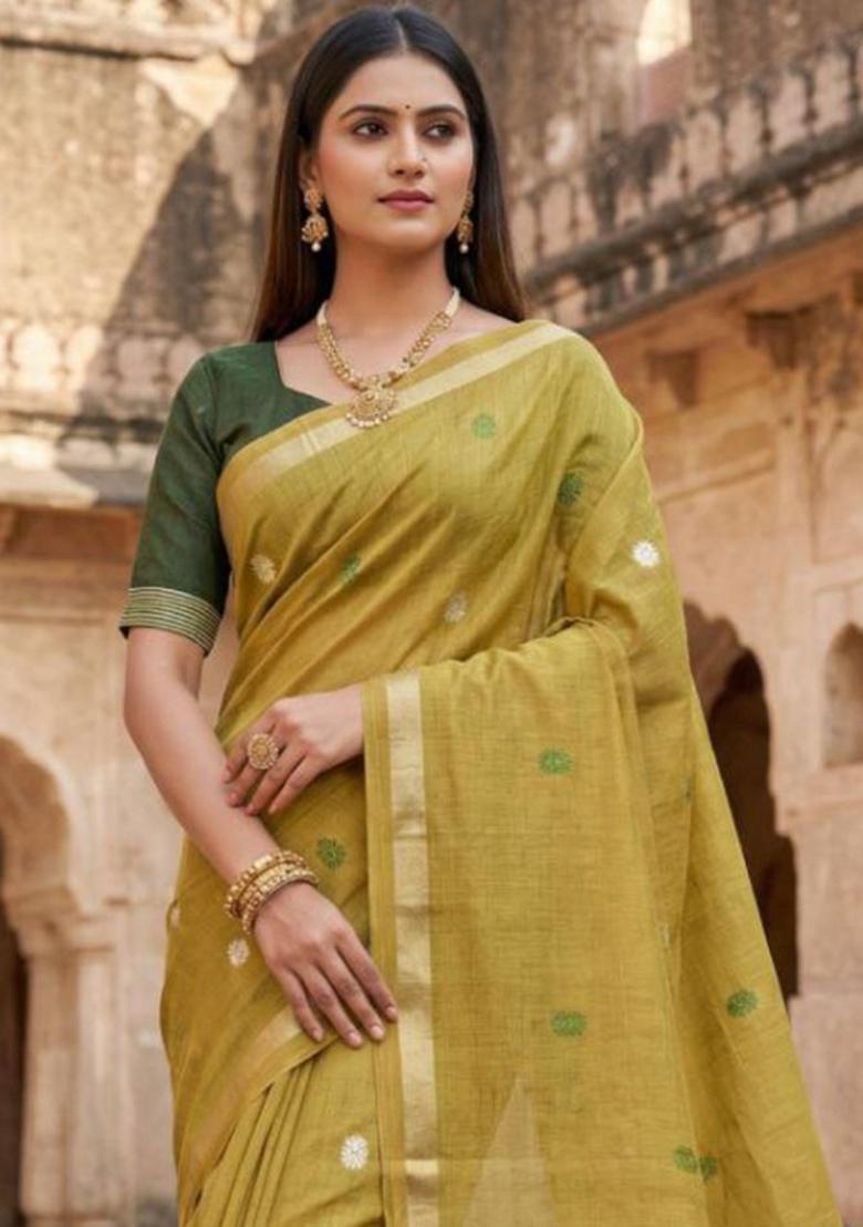 Olive Floral Print Cotton Saree Set - Indya