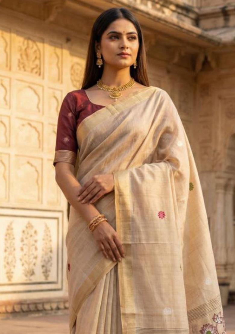 Cream Floral Print Cotton Saree Set - Indya