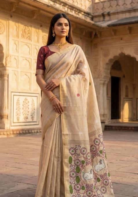 Cream Floral Print Cotton Saree Set — view on Indya