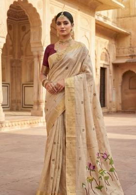 Cream Printed Cotton Saree Set