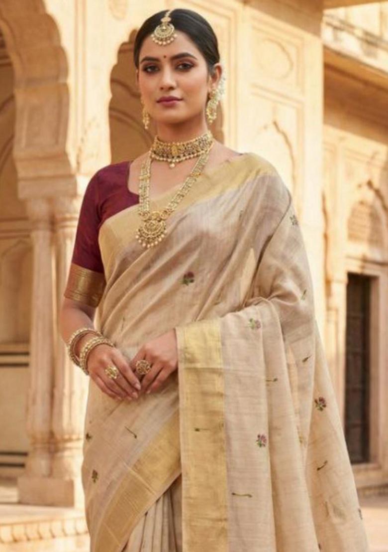 Cream Printed Cotton Saree Set - Indya