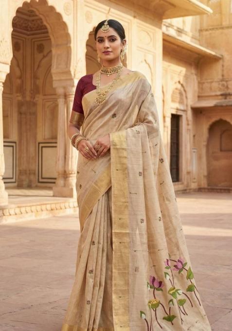 Cream Printed Cotton Saree Set — view on Indya