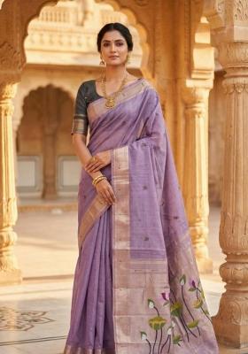 Lavender Printed Cotton Saree Set