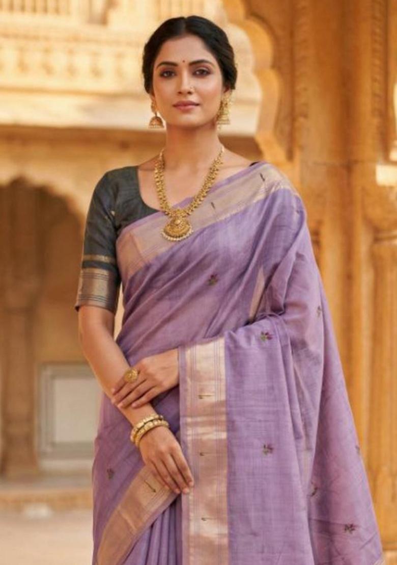 Lavender Printed Cotton Saree Set - Indya