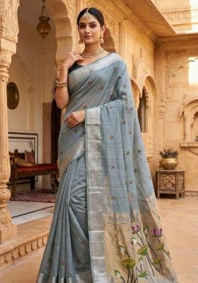Sky Blue Printed Cotton Saree Set