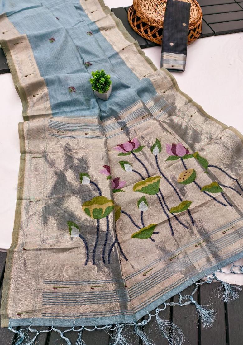 Sky Blue Printed Cotton Saree Set - Indya