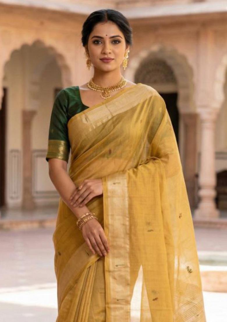 Yellow Printed Cotton Saree Set - Indya