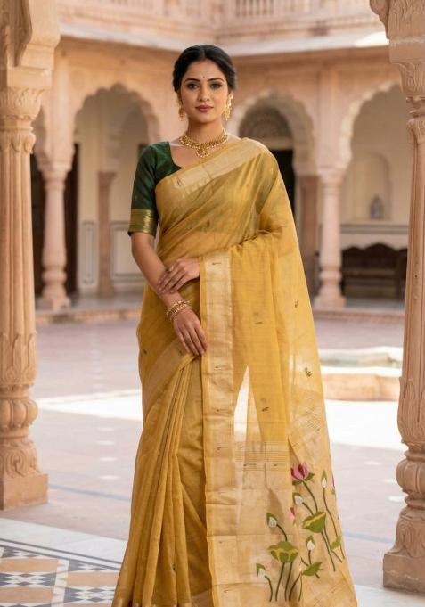 Yellow Printed Cotton Saree Set — view on Indya