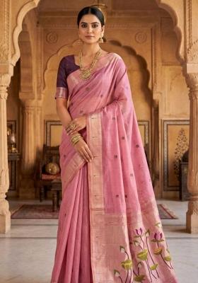 Baby Pink Printed Cotton Saree Set