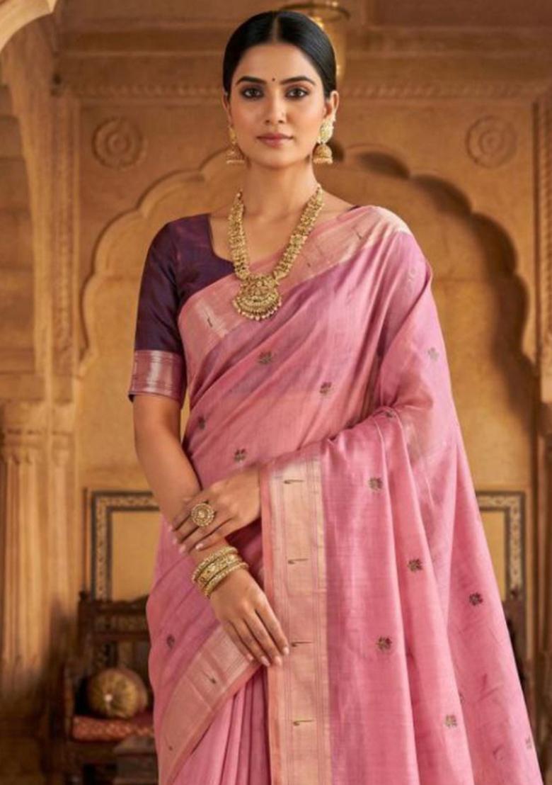 Baby Pink Printed Cotton Saree Set - Indya