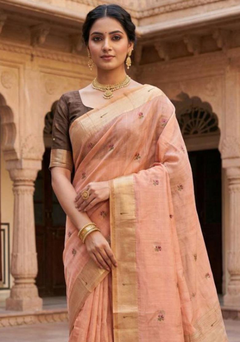 Peach Printed Cotton Saree Set - Indya