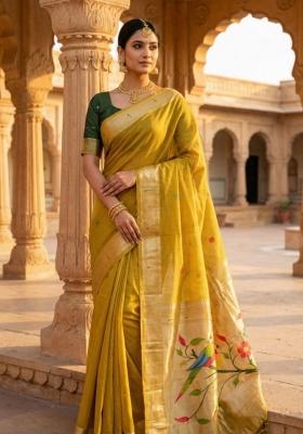 Yellow Printed Cotton Saree Set