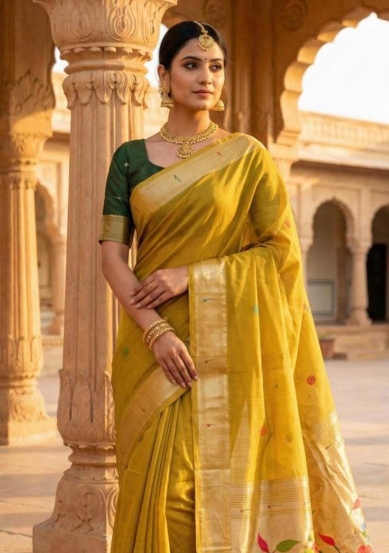 Yellow Printed Cotton Saree Set - Indya