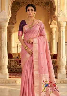 Baby Pink Printed Cotton Saree Set