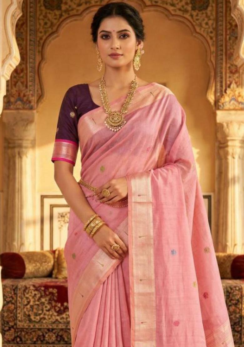 Baby Pink Printed Cotton Saree Set - Indya