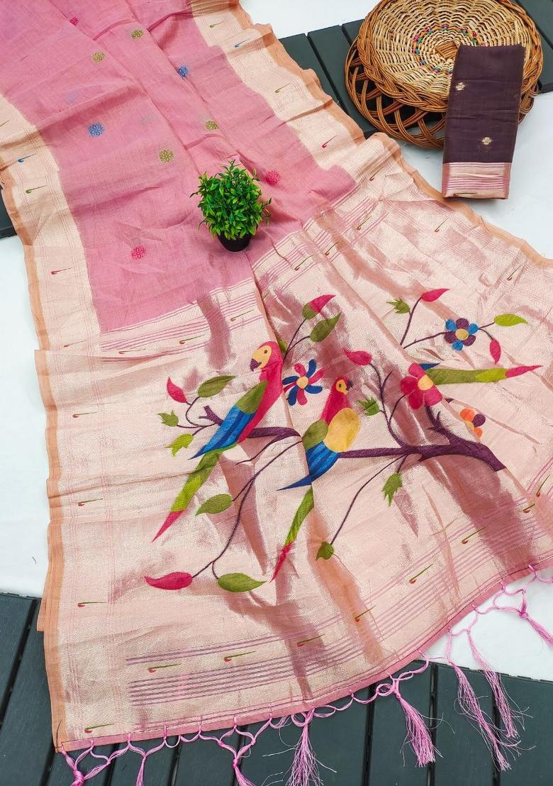 Baby Pink Printed Cotton Saree Set - Indya
