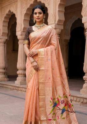 Peach Printed Cotton Saree Set