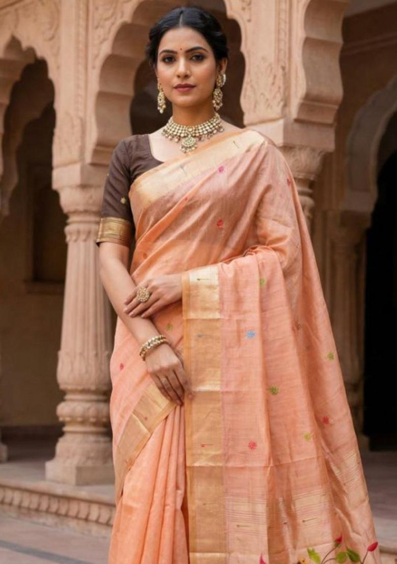 Peach Printed Cotton Saree Set - Indya