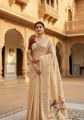 Cream Printed Cotton Saree Set