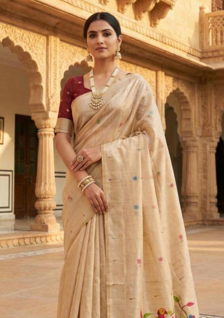 Cream Printed Cotton Saree Set - Indya