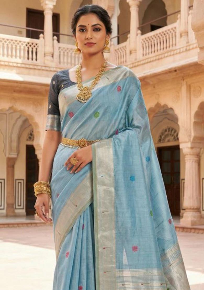 Sky Blue Printed Cotton Saree Set - Indya