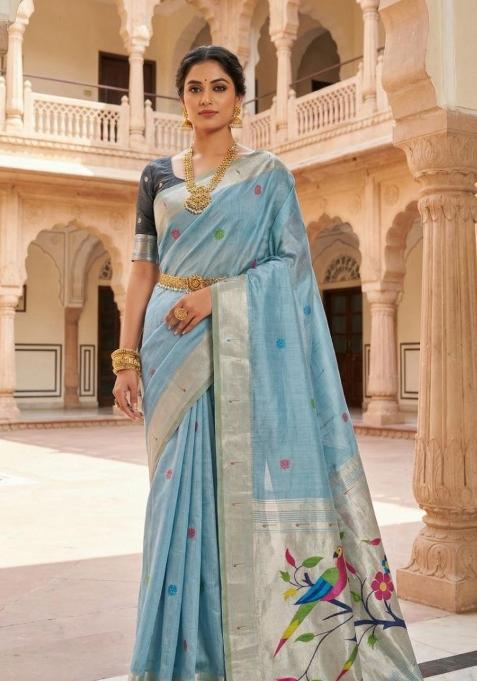 Sky Blue Printed Cotton Saree Set