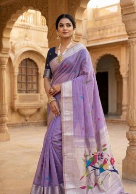 Lavender Printed Cotton Saree Set