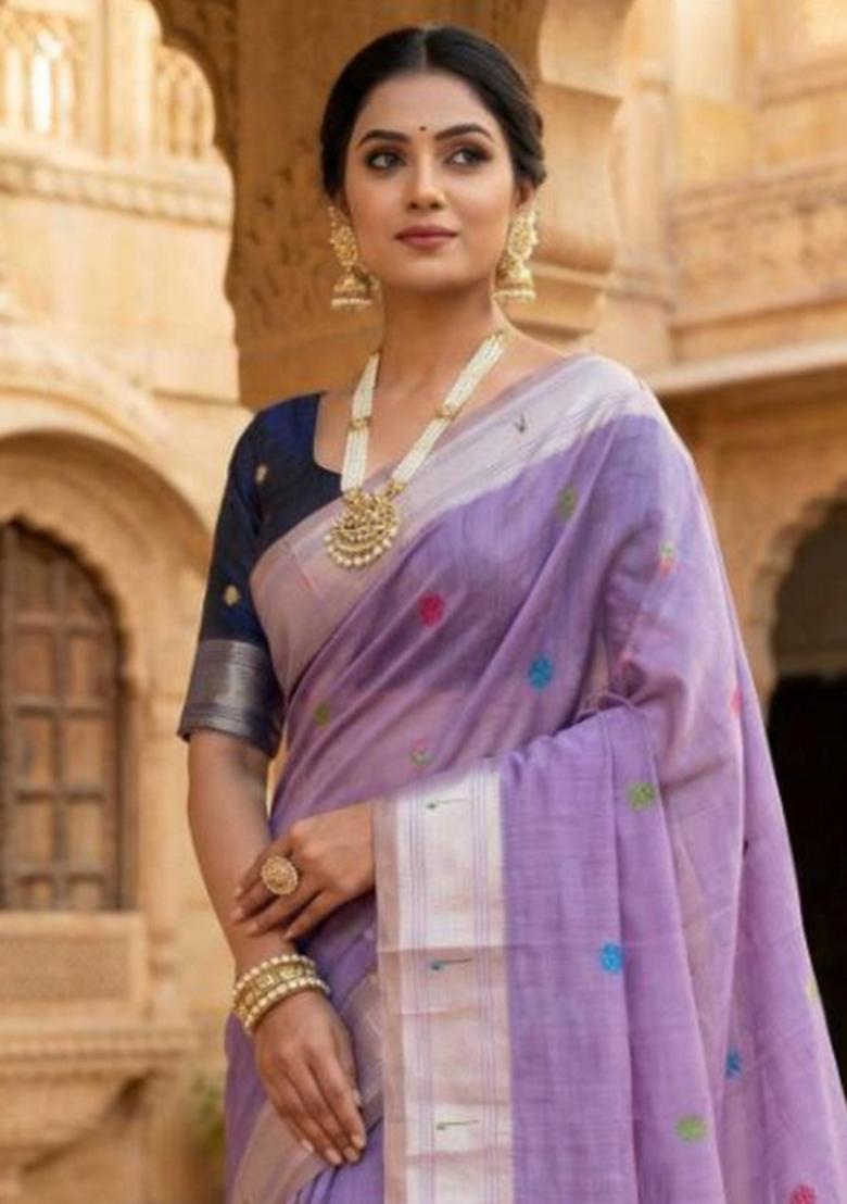 Lavender Printed Cotton Saree Set - Indya