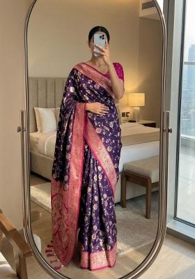 Purple Zari Work Banarasi Saree Set