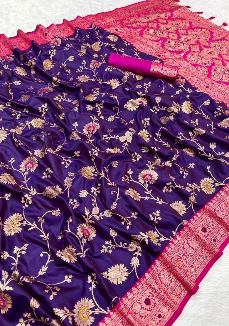 Purple Zari Work Banarasi Saree Set - Indya