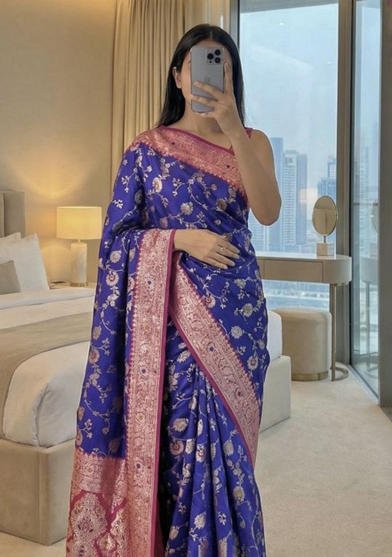 Violet Zari Work Banarasi Saree Set - Indya